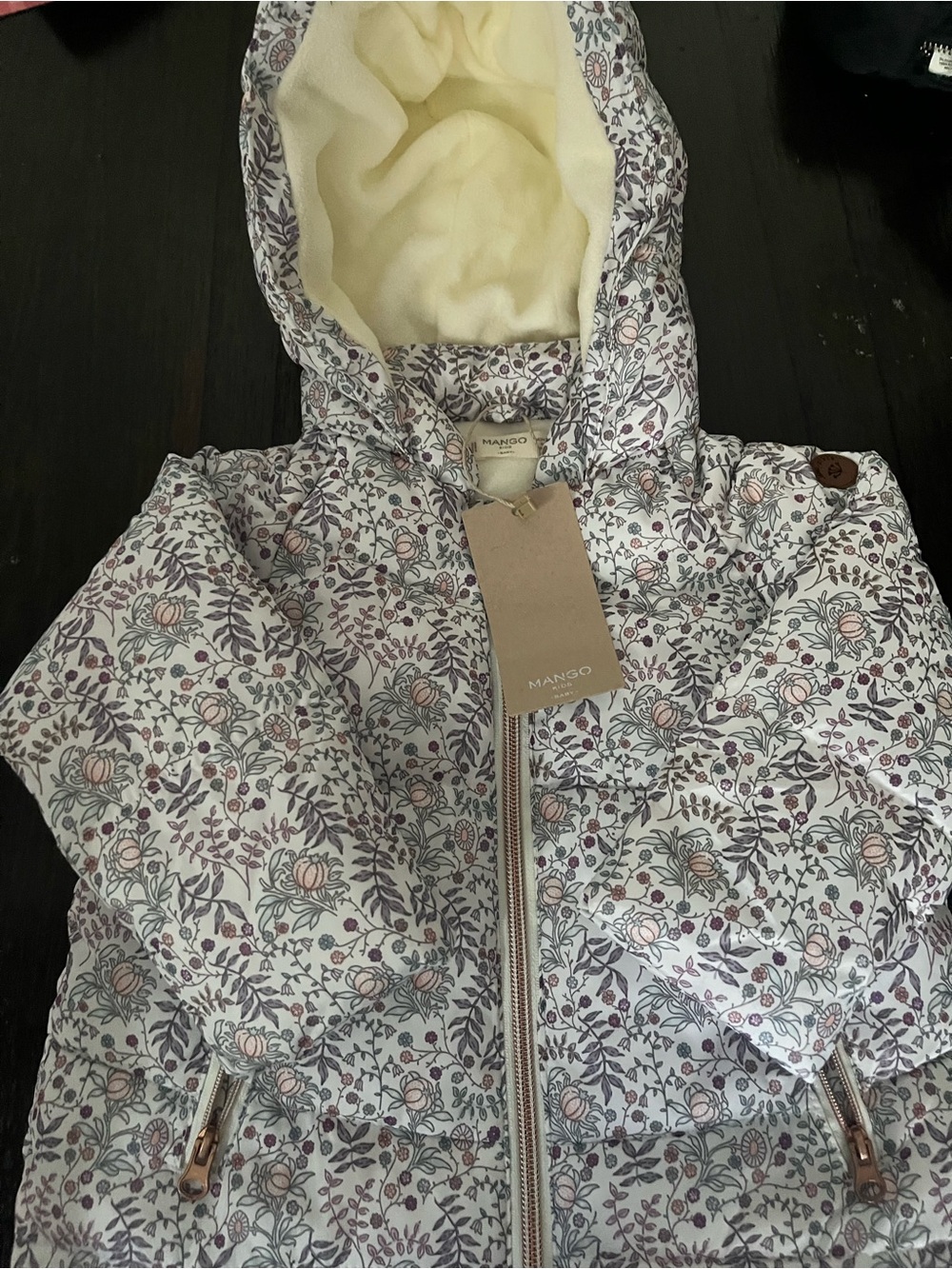 Mango Kids Floral Hooded Puffer Jacket in Cream and Lavender